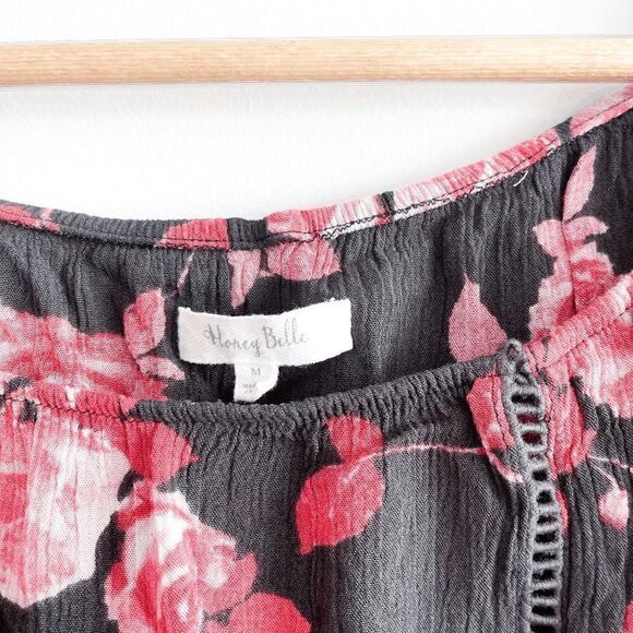 Honey Belle Womens Top Semi Cropped Quarter Sleeve Floral Black Red Medium - Picture 8 of 8